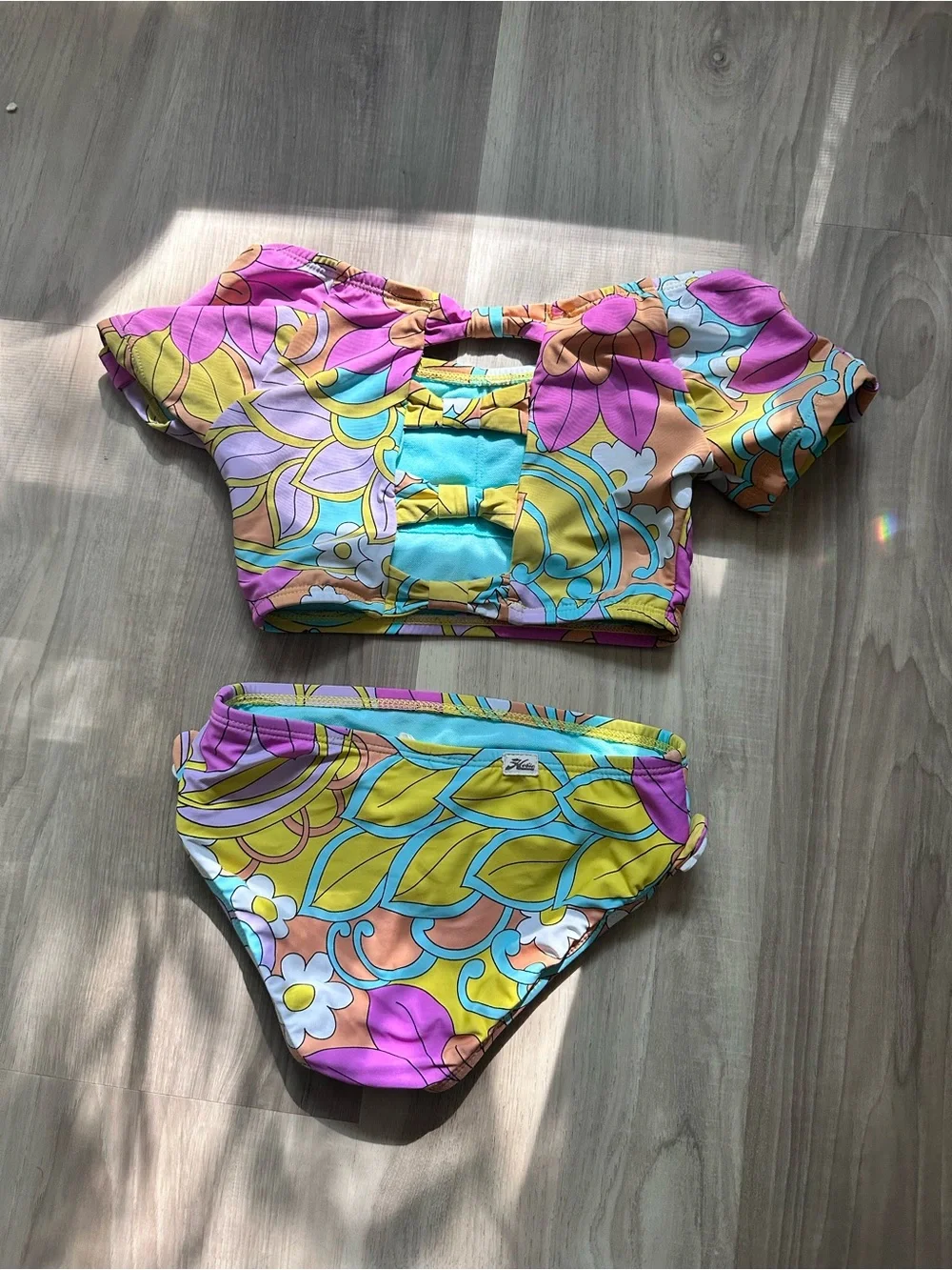 Girls Floral Off-Shoulder Two-Piece Swim Set - Pink & Aqua 3T/4T